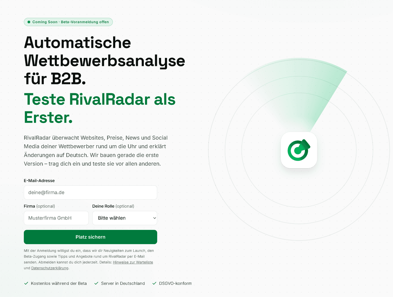 Startseite von RivalRadar mit der Überschrift „Automatische Wettbewerbsanalyse für B2B“ und dem Formular für die Beta-Voranmeldung